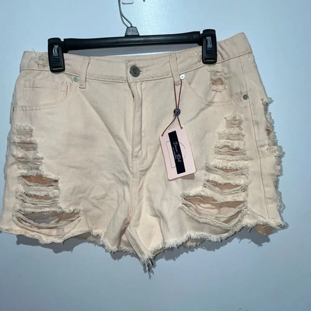 Denim Blvd Los Angeles Womens Light Pink Distressed Frayed Jean Shorts Large NWT
